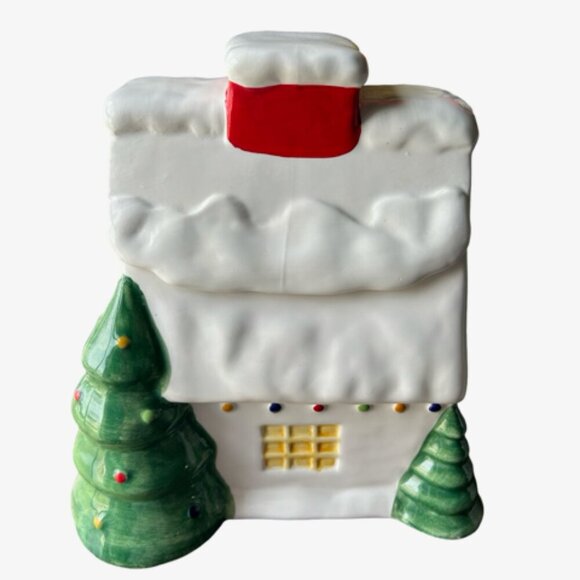 VINTAGE CHRISTMAS COOKIE JAR SHARE THE JOY CERAMIC MUSICAL SNOWHOUSE WITH BOX - Picture 2 of 5